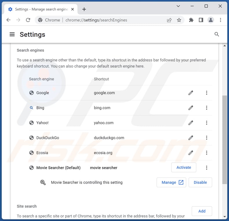 Rimozione di search-movie.com dal motore di ricerca predefinito di Google Chrome