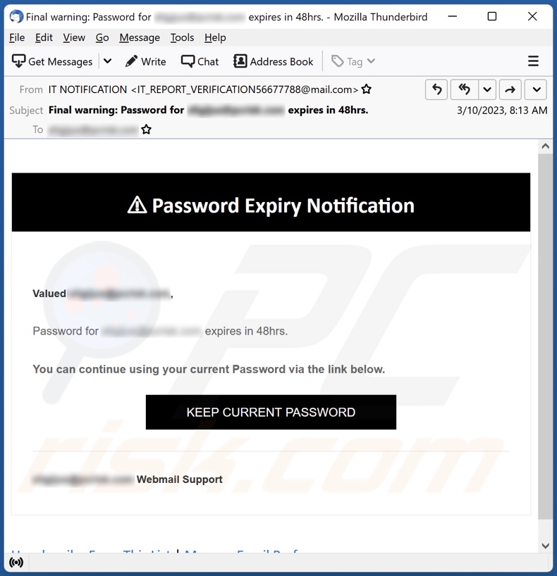 Campagna di spam e-mail Password Expiry Notification 