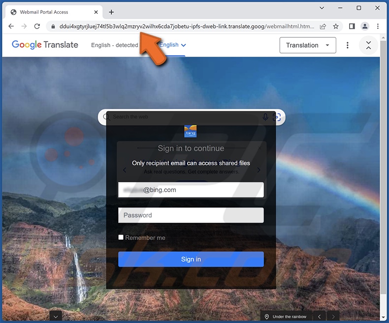 Screenshot del sito Web di phishing promosso dalla campagna spam 