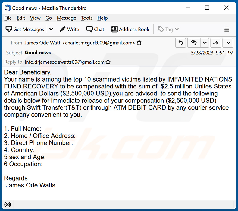 Ancora un altro esempio di truffa via email a tema Scam Victim Compensation Funds (2023-03-29)