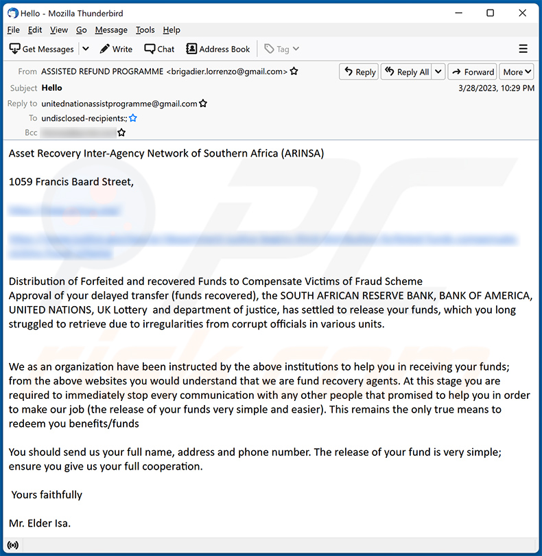 Ancora un altro esempio di truffa via email a tema Scam Victim Compensation Funds (2023-03-29)