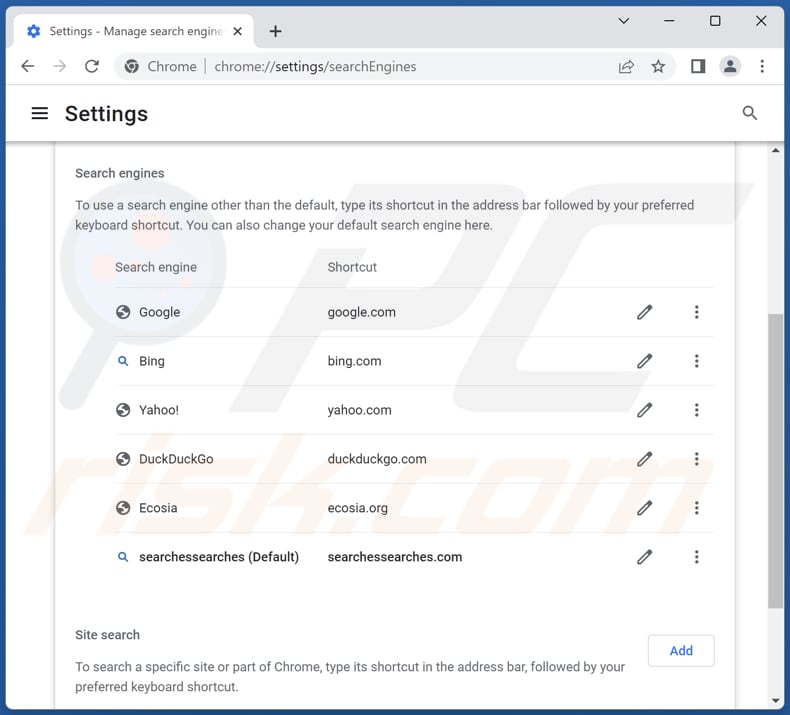 Rimozione di searchsearches.com dal motore di ricerca predefinito di Google Chrome