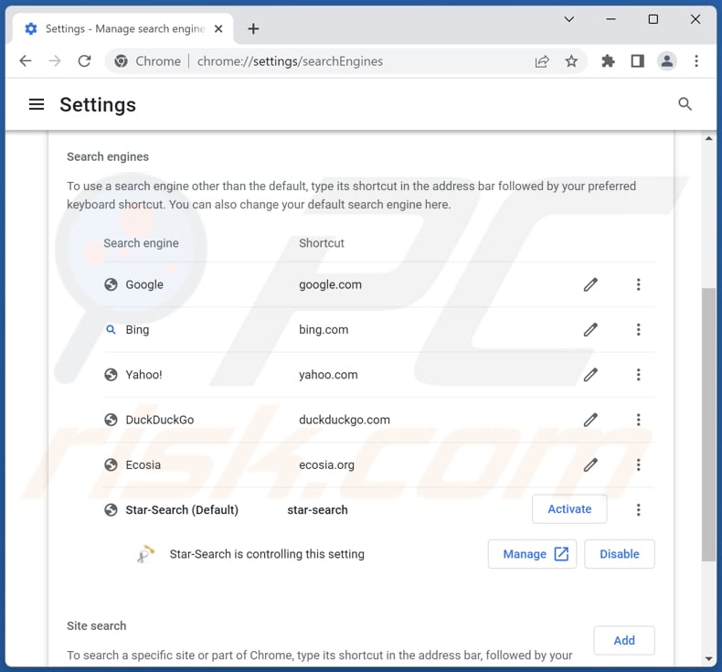 Rimozione di star-search.xyz dal motore di ricerca predefinito di Google Chrome