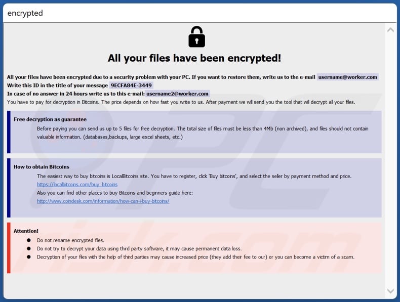 Schermata della finestra pop-up di Usr ransomware (