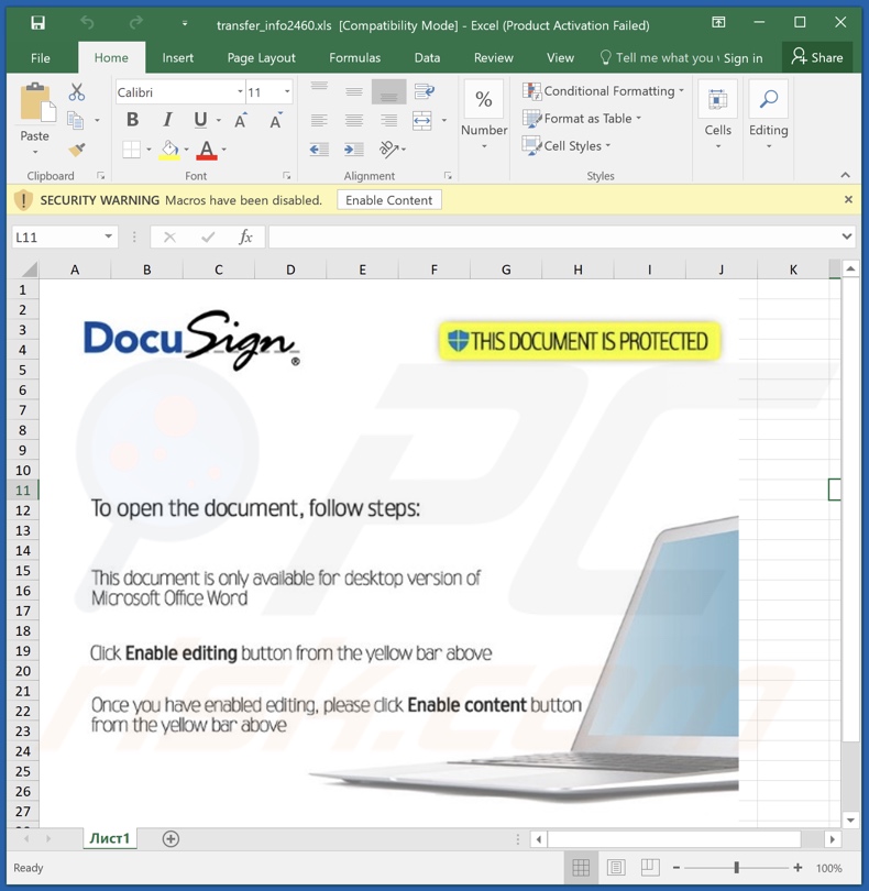 Screenshot di un documento MS Excel rilevato da Valyria che diffonde MetaStealer malware