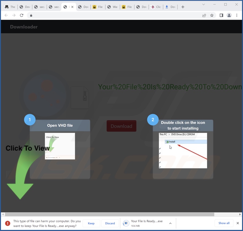 Screenshot di un sito Web ingannevole che promuove un file eseguibile rilevato da Valyria