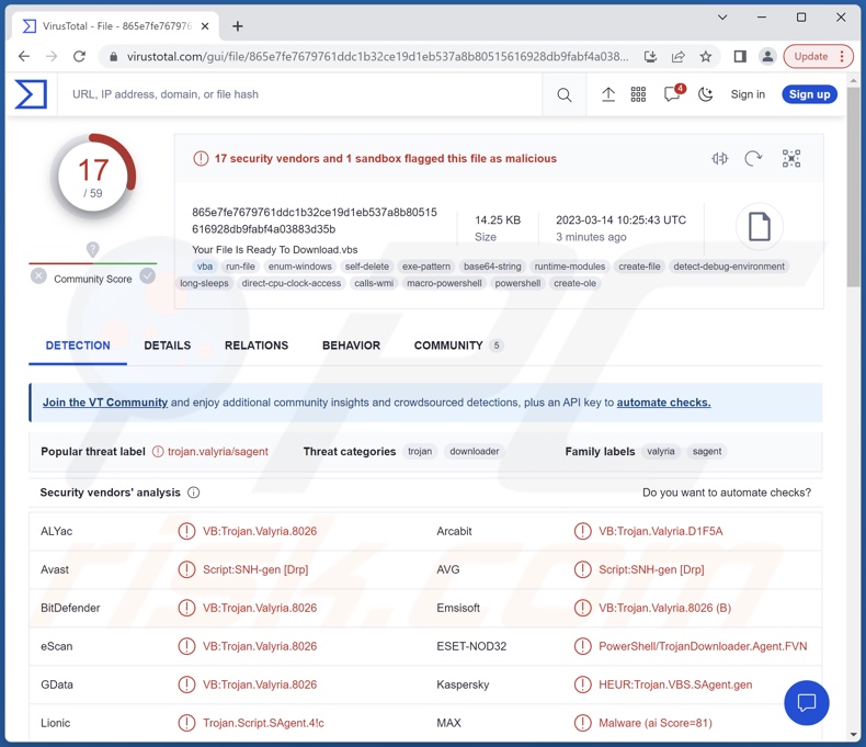 Rilevamenti di Valyria su VirusTotal