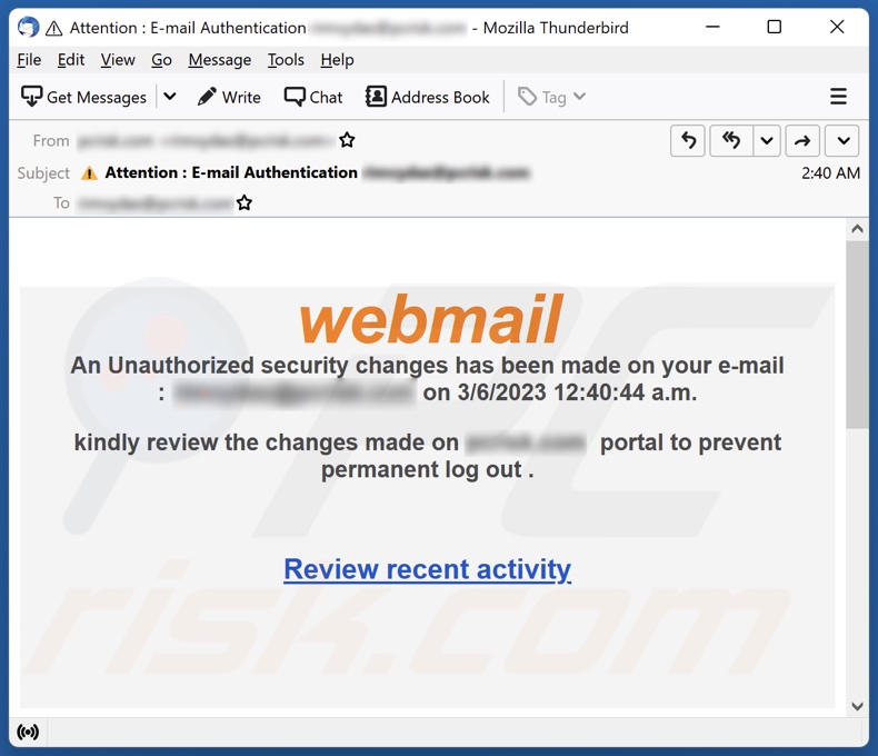 Webmail Security Changes campagna di posta indesiderata