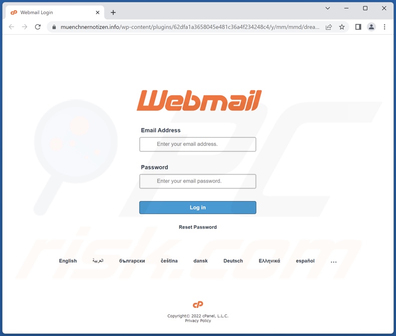 Screenshot del sito Web di phishing promosso dalla campagna di spam 