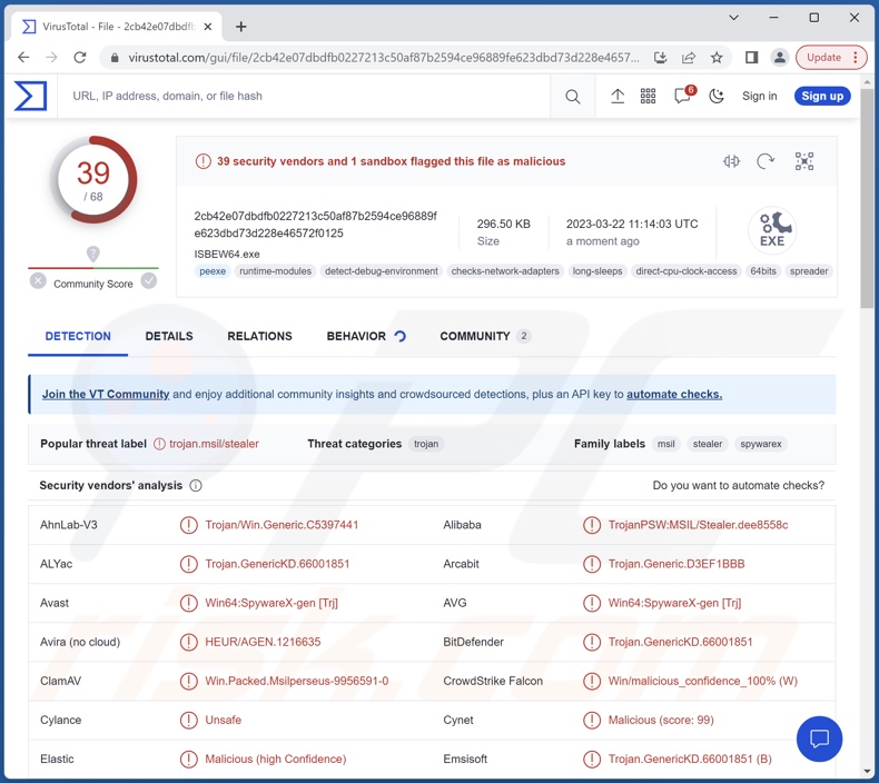 Rilevamenti malware Zaraza su VirusTotal