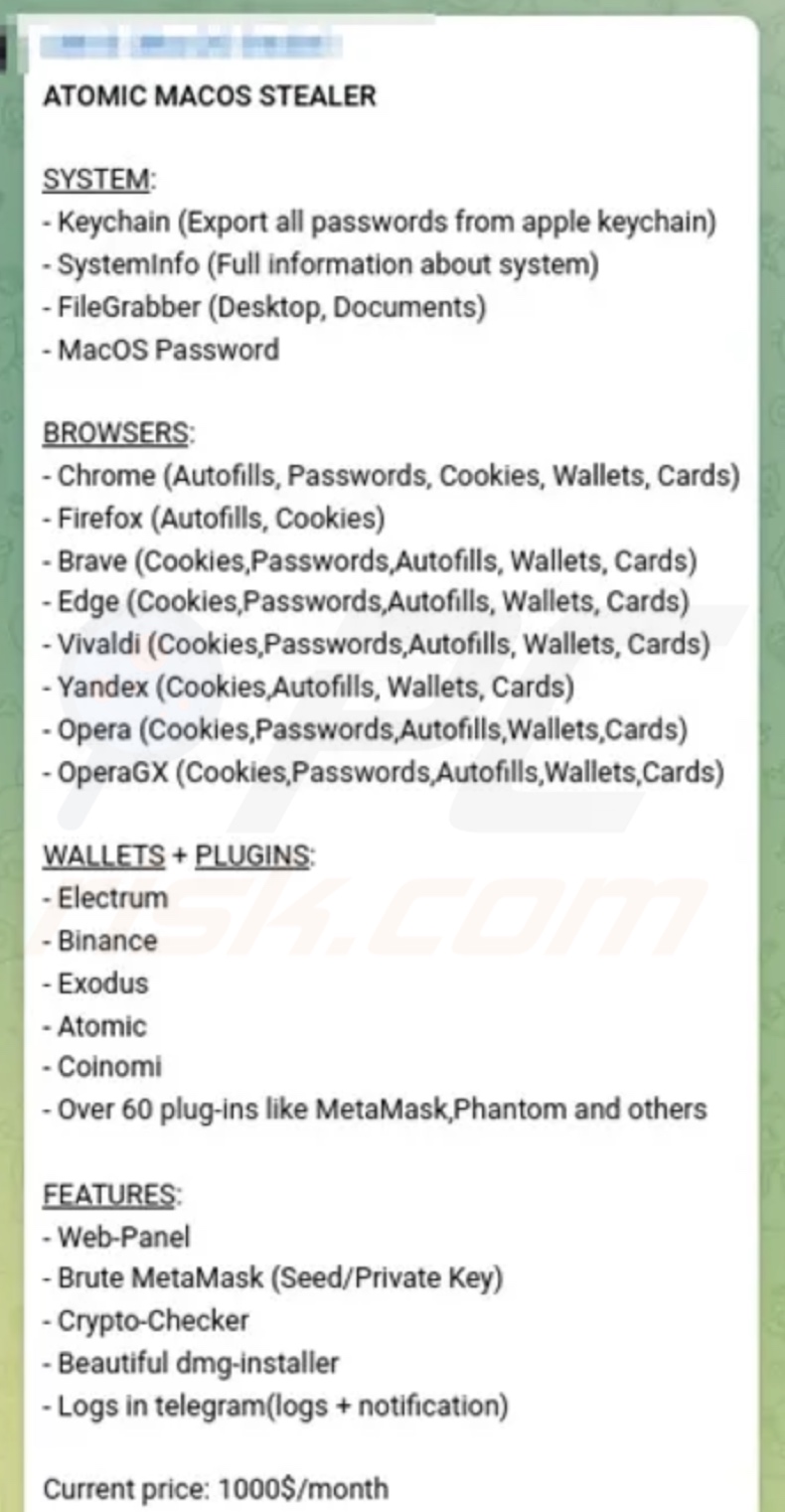 Il malware di tipo stealer Atomic venduto su Telegram