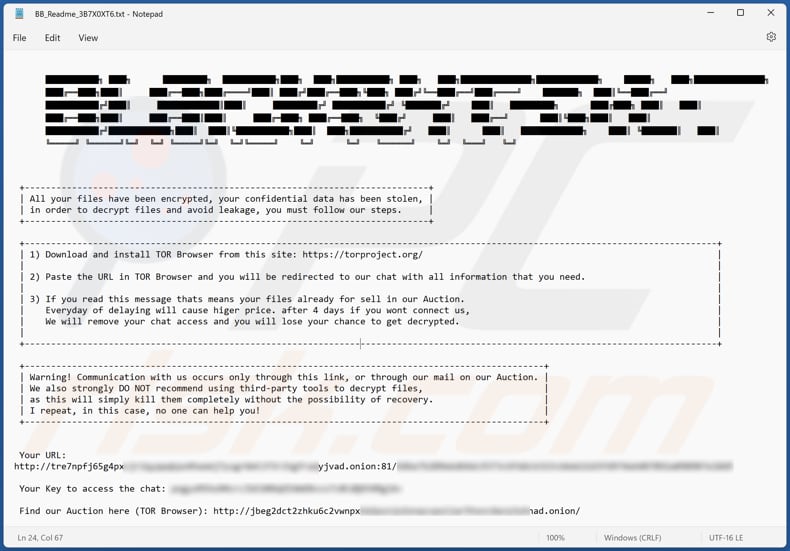 Screenshot del file di testo di BlackByteNT (