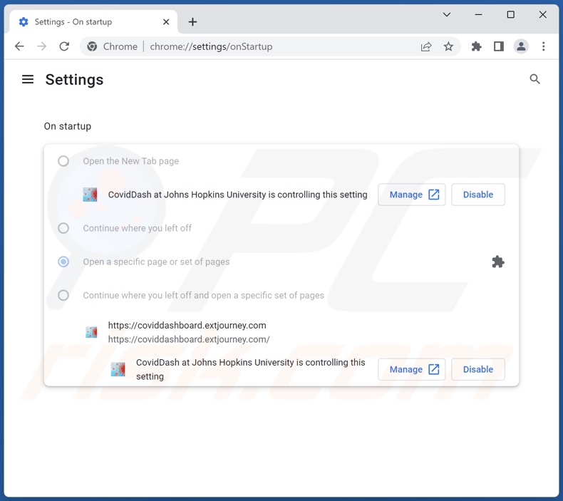 Rimozione di coviddashboard.extjourney.com dalla home page di Google Chrome