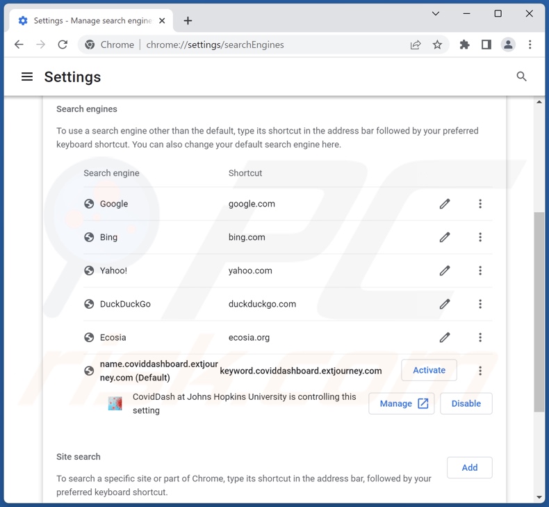 Rimozione di coviddashboard.extjourney.com dal motore di ricerca predefinito di Google Chrome