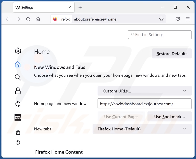 Rimozione di coviddashboard.extjourney.com dalla home page di Mozilla Firefox