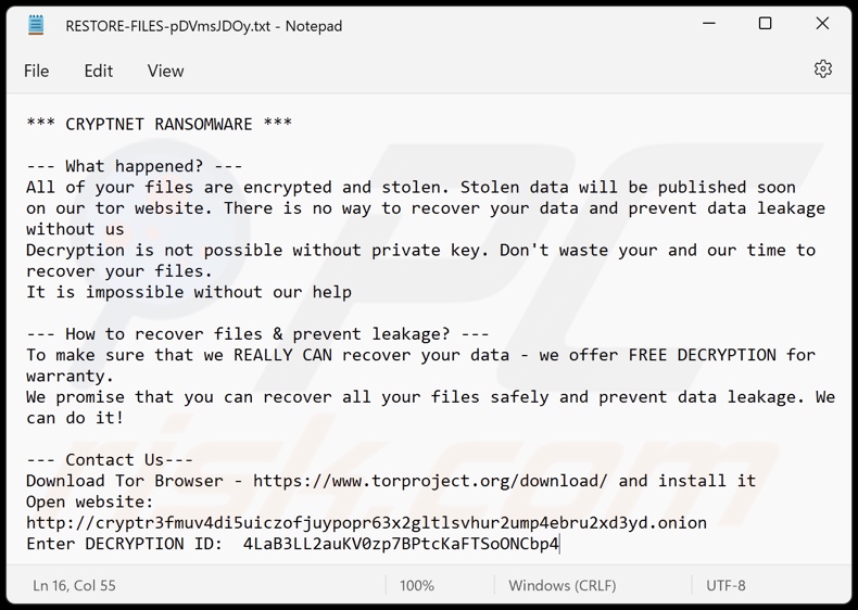 Schermata del file di testo del ransomware CRYPTNET (