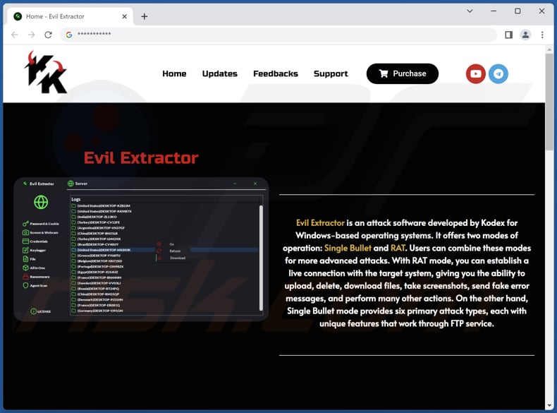 Sito ufficiale che distribuisce Evil Extractor