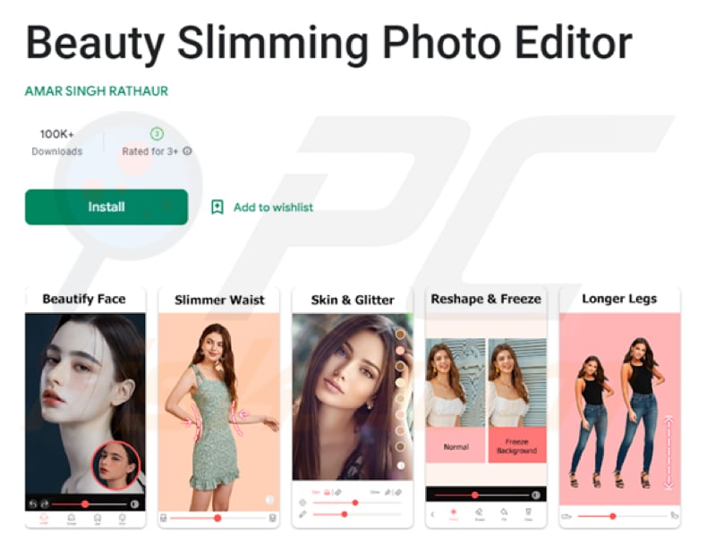 Esempi di app trojanizzate (Beauty Slimming Photo Editor e GIF Camera Editor Pro) utilizzate per distribuire Fleckpe