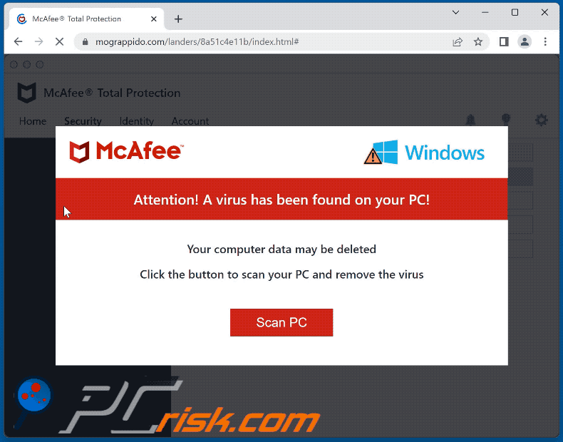 Il pop-up truffa McAfee - A Virus Has Been Found On Your PC!