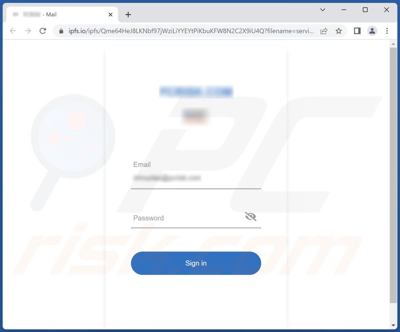 Screenshot del sito Web di phishing promosso dalla campagna di spam 