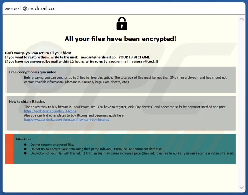 Finestra pop-up di Rea ransomware