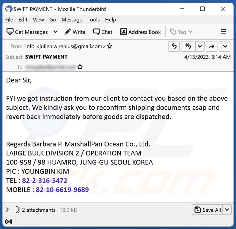 Reconfirm Shipping Documents campagna di posta indesiderata