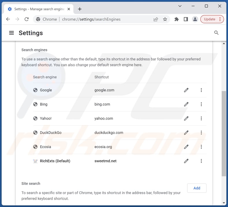 Rimozione di sweetrnd.net dal motore di ricerca predefinito di Google Chrome