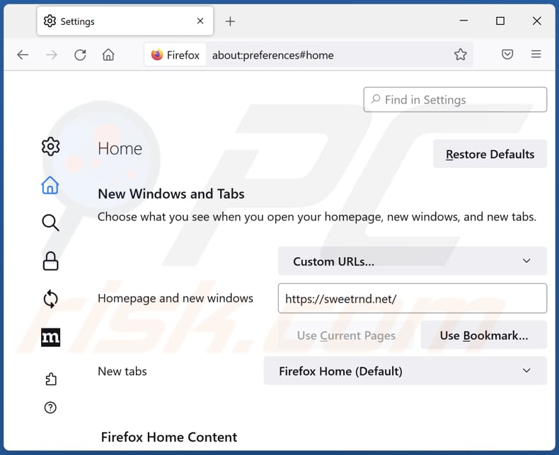 Rimozione di sweetrnd.net dalla home page di Mozilla Firefox