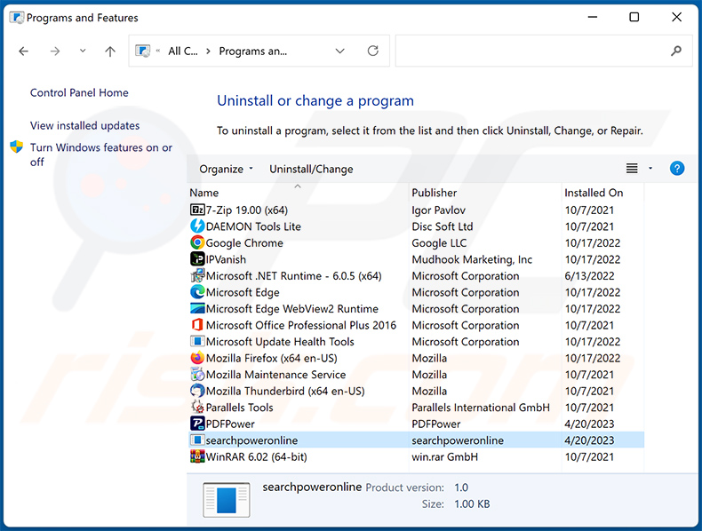 Disinstallazione del dirottatore del browser searchpoweronline.com tramite il pannello di controllo