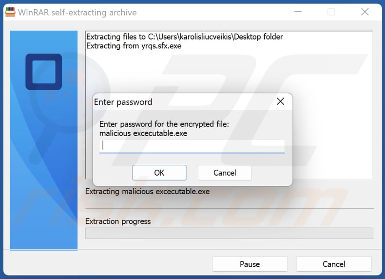 Archivio autoestraente (SFX) SFX protetto da password malware generato utilizzando WinRAR