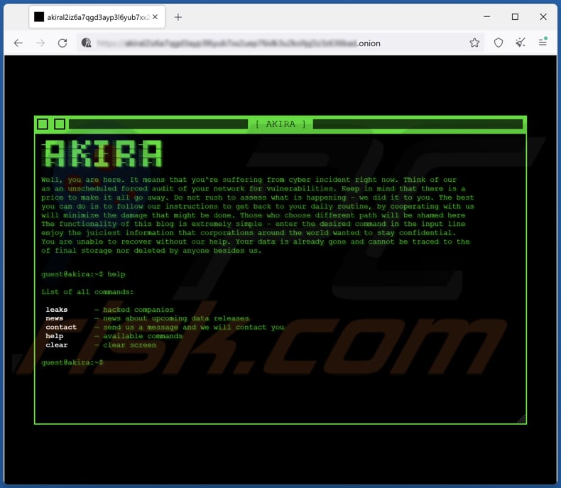 Screenshot del sito Web di perdita di dati di Akira