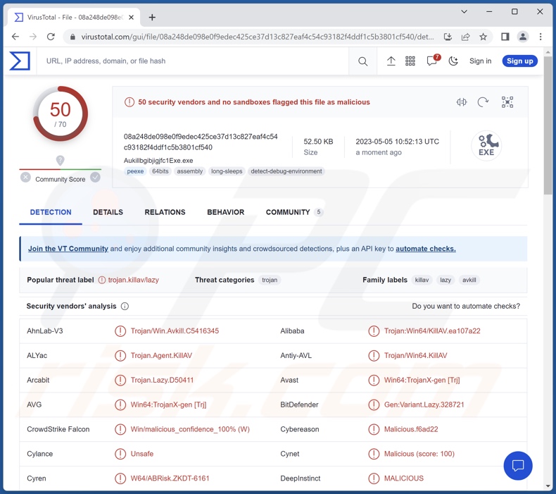 Rilevamenti di malware AuKill su VirusTotal