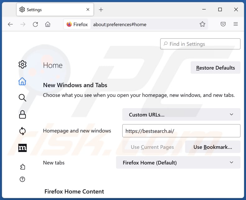 Rimozione di bestsearch.ai dalla home page di Mozilla Firefox