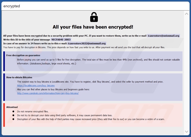 Schermata della finestra pop-up del ransomware BlackRock (