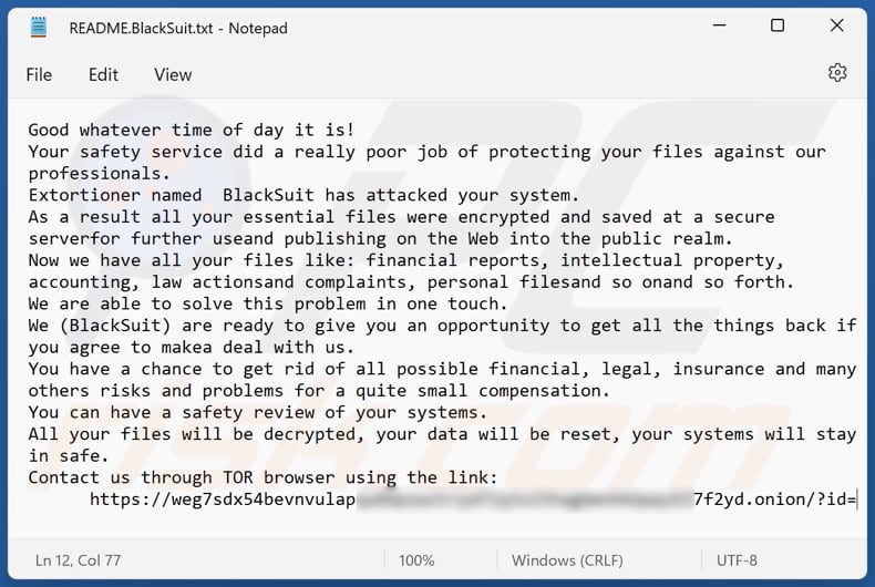 Schermata del file di testo di BlackSuit (
