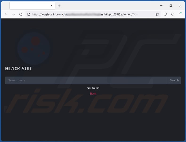 Screenshot del sito Tor di BlackSuit