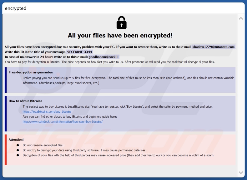 Schermata della finestra pop-up del ransomware BOOM (Phobos) (