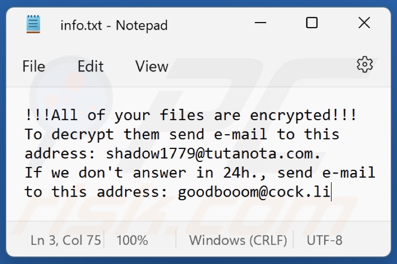 Screenshot del file di testo del ransomware BOOM (Phobos) (