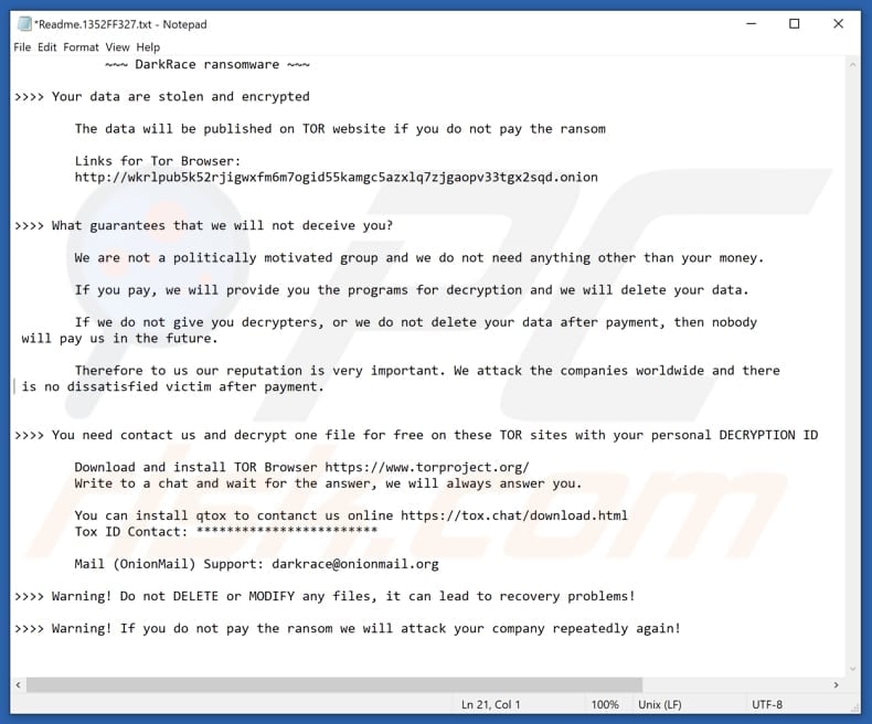 Screenshot del file di testo di DarkRace (