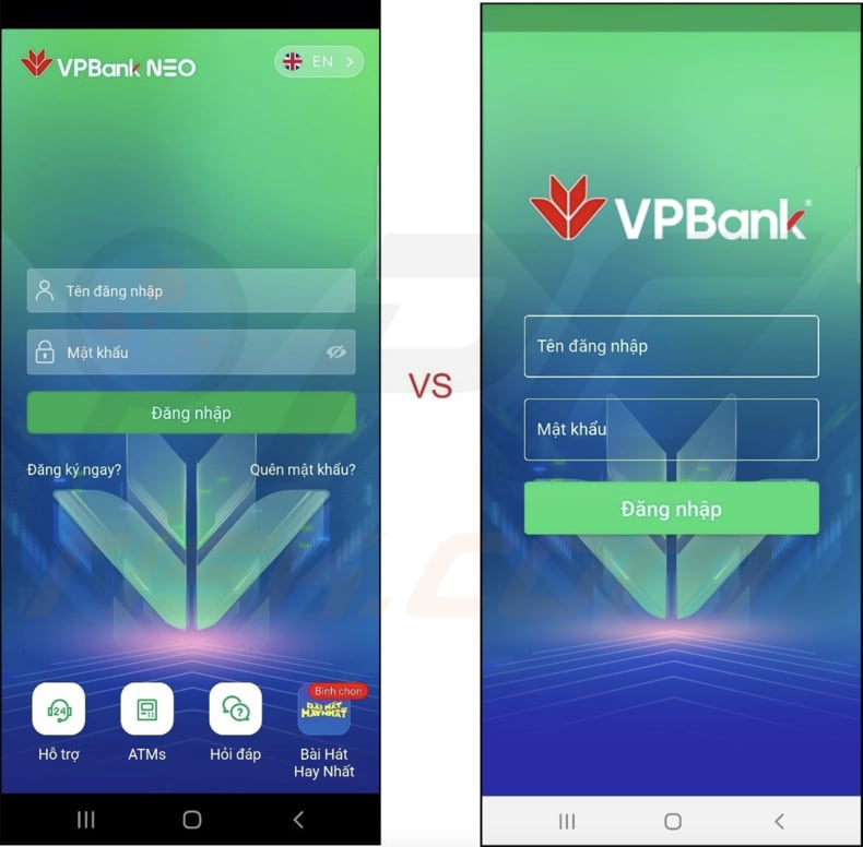 Malware FluHorse app VPBank legittima a sinistra vs falso VPBank a destra