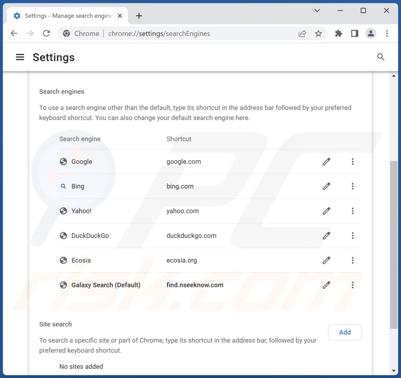 Rimozione di find.nseeknow.com dal motore di ricerca predefinito di Google Chrome