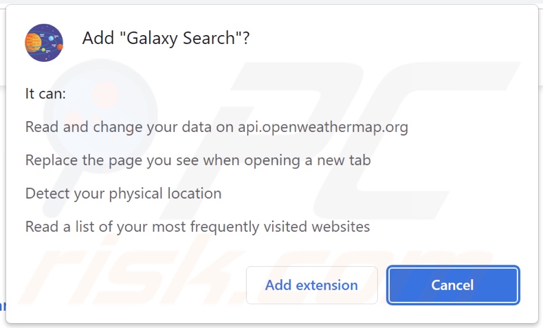 Autorizzazioni richieste dal dirottatore del browser Galaxy Search