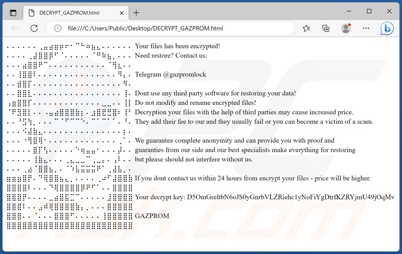 Schermata della richiesta di riscatto di GAZPROM ransomware (