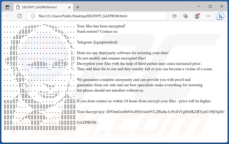 Schermata della richiesta di riscatto di GAZPROM ransomware (