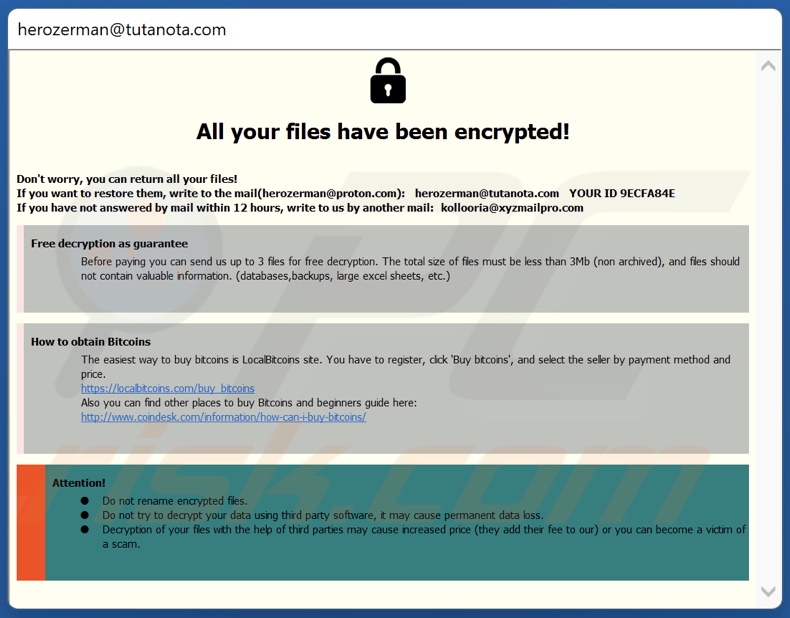 Schermata della finestra pop-up di H3r ransomware