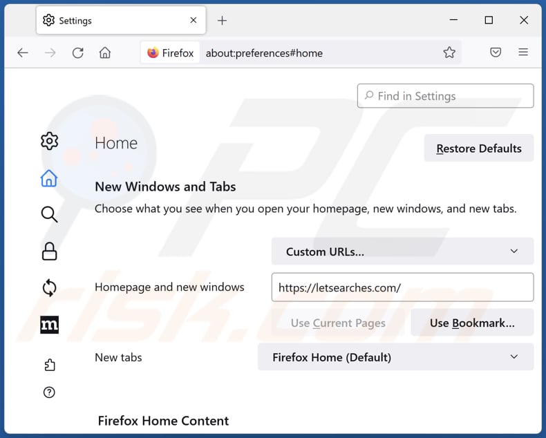 Rimozione di letsearches.com dalla home page di Mozilla Firefox