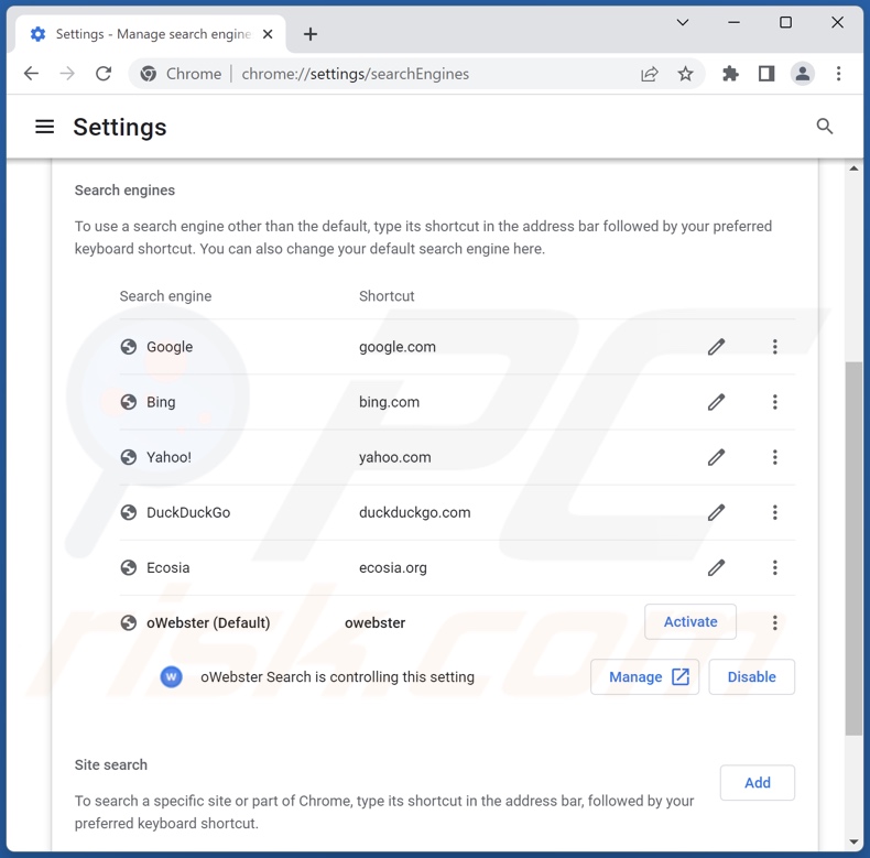Rimozione di owebsearch.com dal motore di ricerca predefinito di Google Chrome