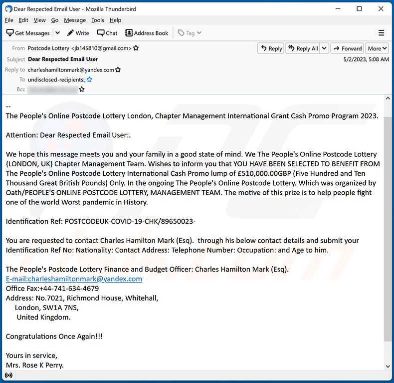 Peoples Postcode Lottery truffa via e-mail (2023-05-03)