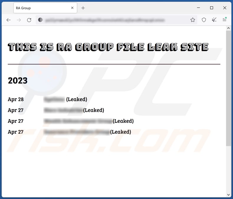 Screenshot del sito web di fuga di dati di RA Group