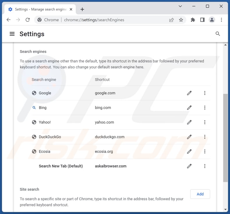 Rimozione di askaibrowser.com dal motore di ricerca predefinito di Google Chrome